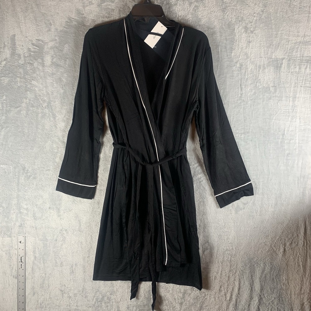 Alfani Women's Robe L Black White Trim Tie Waist Knee Length Long Sleeve Pockets
